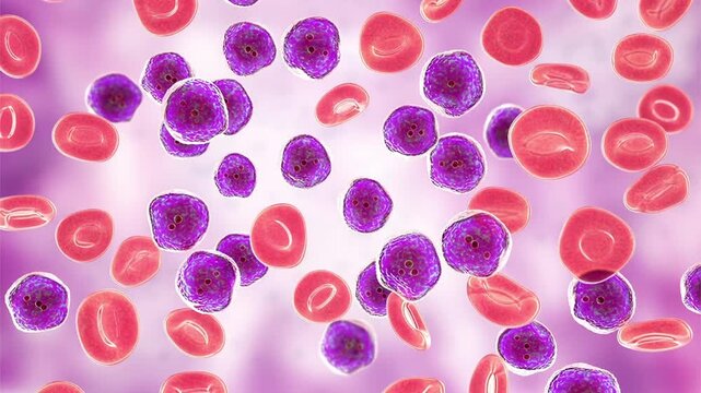 Acute lymphoblastic leukaemia in bone marrow, 3D animation showing proliferating lymphoblasts and reduced normal blood cell formation.