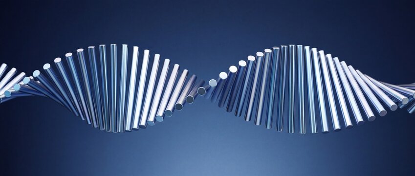 A double helix structure formed by metallic cylinders against a smooth dark blue gradient background with structure composed polished arranged spiral pattern polished metal rods