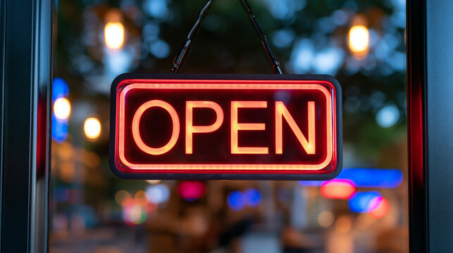 A glowing red neon open sign hangs on a glass door in front of a blurred urban street. This represents small business and retail operations.