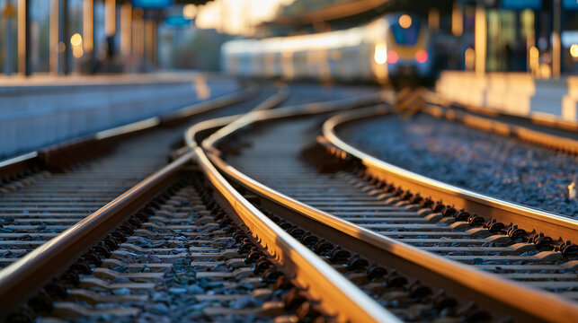 Railway track switch near a train station representing different travel directions, transportation network, journey, return home, travel connection, infrastructure, with copy space