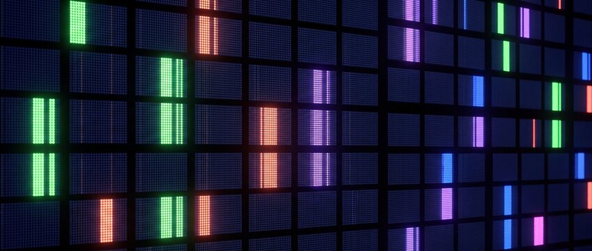 Digital grid display with glowing colorful vertical lines on a dark background showing data visualization with various colors representing screen grid pattern vertical bars