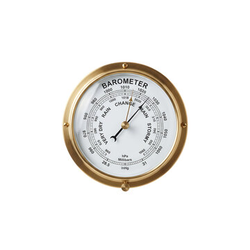 Vintage brass barometer instrument measuring atmospheric pressure features detailed dial face against dark background