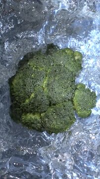 Slow motion of broccoli submerged in water highlights detailed movement and texture