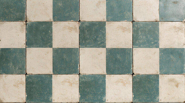 A top-down view of weathered green and white checkered tiles with a vintage rustic texture. Perfect as a background for interior design projects.