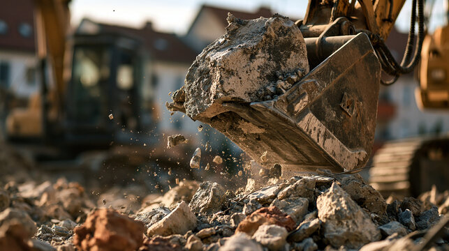 An excavator bucket lifts heavy concrete rubble at a construction site. This scene captures industrial demolition and urban redevelopment efforts.