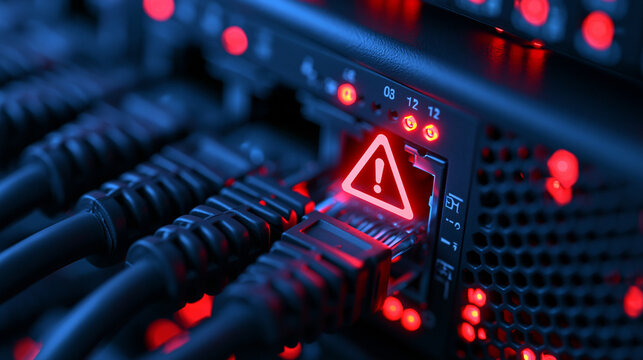 A glowing warning symbol illuminates a network server port amidst dark cables. Perfect for cybersecurity threats and data breach technology concepts.