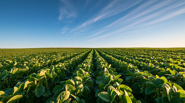 A vast soybean field stretches towards the horizon under a clear blue sky. This symbolizes sustainable agriculture and large-scale industrial farming practices.