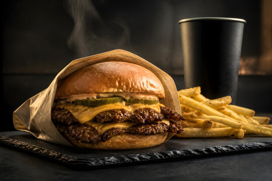 Double smash burger in paper wrap with fries on dark slate board