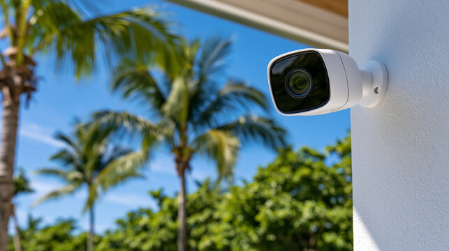 Modern outdoor security camera mounted on a wall with tropical palm trees in the background. Perfect for residential smart home safety and surveillance concepts.