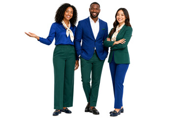Obraz premium Three diverse business professionals smiling and posing together. Corporate team, office workers, professional services.