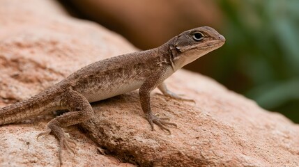 Fototapeta premium A lizard with textured scales perches on a sunlit rock its head raised and eyes alert in a natural outdoor setting
