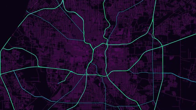 San Antonio 4K Neon Map Animation - Urban Road Network and Infrastructure Growth