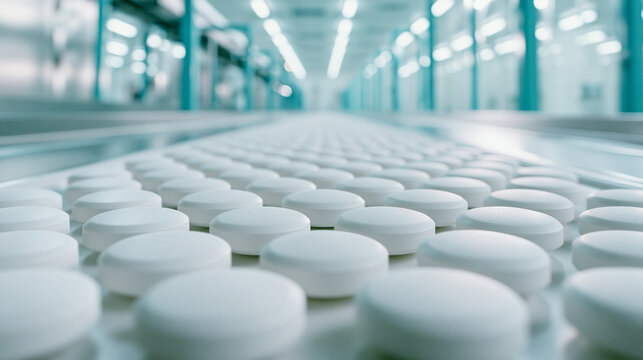 White pills moving along an automated pharmaceutical conveyor belt in a sterile laboratory. Manufacturing concept for medicine production and quality control in industry.