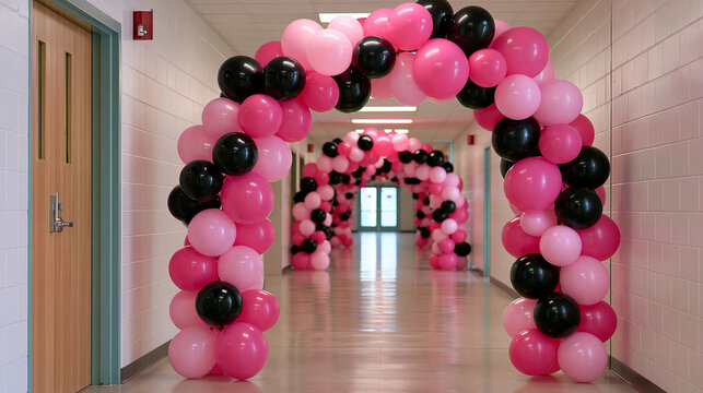 High school formal dance entrance decorated with an elegant balloon arch, school celebration, homecoming event, prom party, festive venue decoration, with copy space