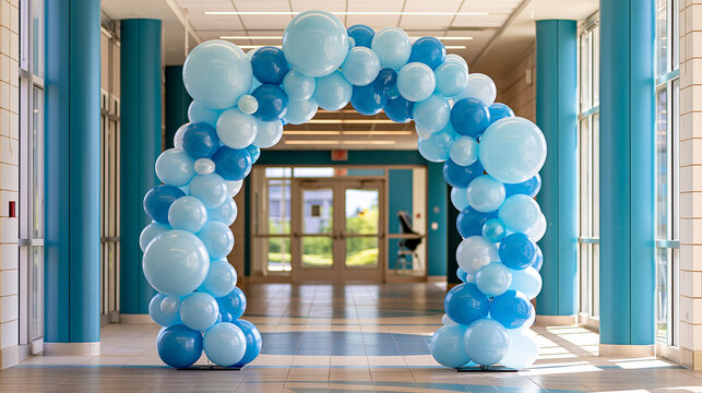 High school formal dance entrance decorated with an elegant balloon arch, school celebration, homecoming event, prom party, festive venue decoration, with copy space