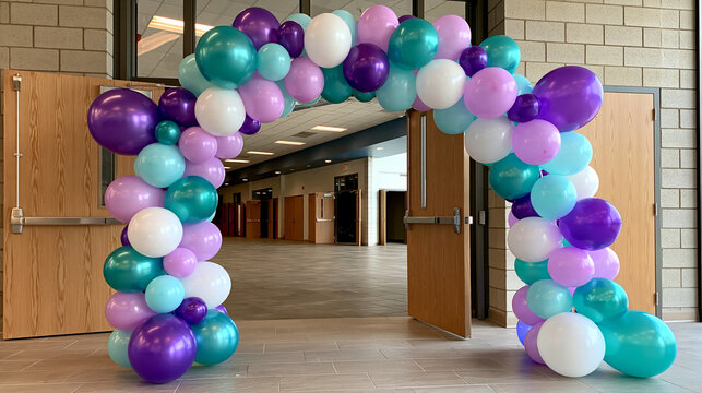 High school formal dance entrance decorated with an elegant balloon arch, school celebration, homecoming event, prom party, festive venue decoration, with copy space