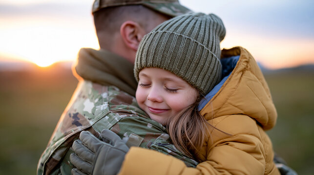Military father and daughter embracing in a peaceful park at sunset, heartfelt reunion, homecoming, family love, trust, emotional connection, with copy space