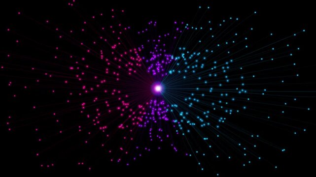 Abstract neon particle explosion background, glowing pink and blue digital data connection motion futuristic science technology concept