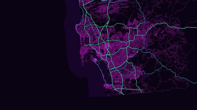 San Diego 4K Neon Map Animation - Urban Road Network and Infrastructure Growth