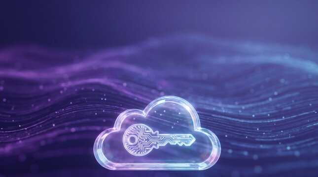 Futuristic cloud with circuit key symbol representing secure cloud computing and cybersecurity data protection