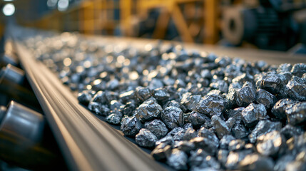 Fototapeta premium Industrial coal chunks moving along a conveyor belt in a processing plant. This imagery represents energy production and heavy mining industry concepts.