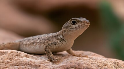 Fototapeta premium A small lizard with textured scales perches alertly on a rough sunlit rock surface in a natural setting