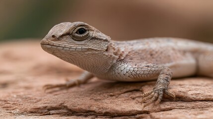 Fototapeta premium A close up of a lizard resting on textured rock showing detailed scales and alert eye with natural earth tones