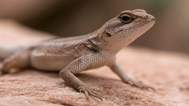 A close up of a lizard resting on textured rock  showing detailed scales and alert posture in natural light