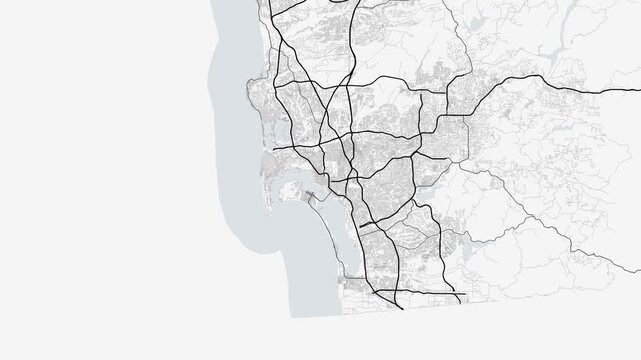San Diego 4K White Map Animation - Urban Road Network and Infrastructure Growth