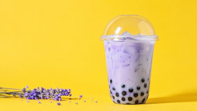 Purple boba milk tea with black tapioca pearls and ice in a clear takeaway cup with dome lid, styled beside lavender on a bright yellow background with copy space for cafe menus and beverage ads