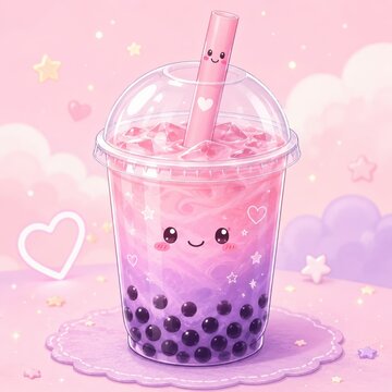 Kawaii pink and purple bubble tea character with glossy tapioca pearls, smiling face and straw, surrounded by pastel hearts, stars and clouds for beverage branding, stickers and playful social art