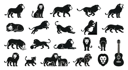 Naklejka premium Lion Silhouettes Collection: Majestic Animals in Various Poses, From Roaring to Resting, Including Family Groups and Geometric Art