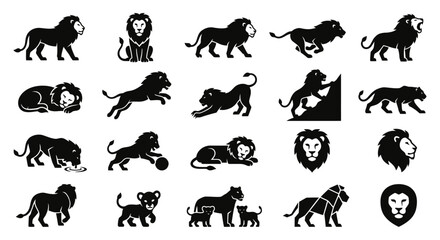 Obraz premium Lion Silhouettes: Majestic Feline Poses Collection - Walking, Running, Resting, Playing