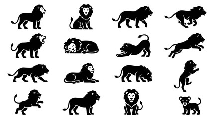 Naklejka premium Set of Black Lion Silhouettes in Various Poses on White Background - Vector Illustration
