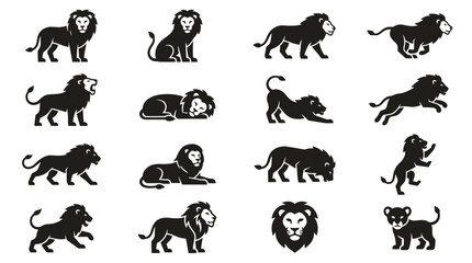 Obraz premium Lion Silhouette Collection: Majestic Feline Poses and Actions - Vector Icons