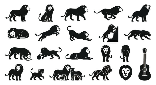 Lion Silhouettes Collection: Majestic Animals in Various Poses, From Roaring to Resting, Including Family Groups and Geometric Art