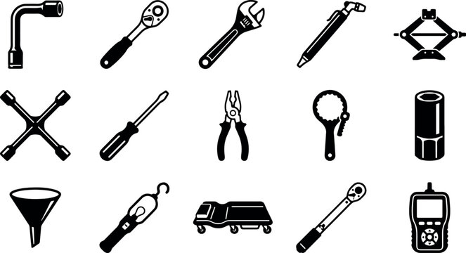 A comprehensive hardware tools bundle set collection on white background featuring various professional mechanical instruments for automotive repair and maintenance