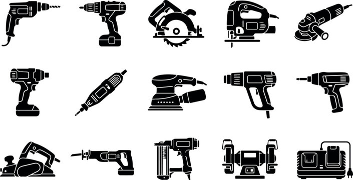 A comprehensive hardware tools bundle set collection on white background featuring various industrial power equipment for construction and home repair