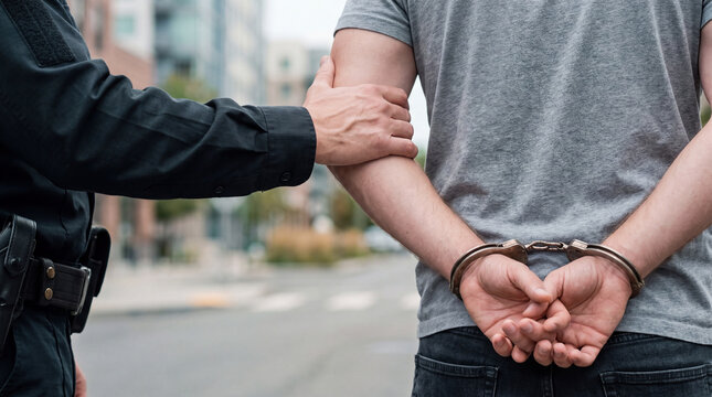 Police officer holding the arm of a handcuffed man during an arrest on a city street, escorting the suspect. Concept of law enforcement, crime detention, criminal justice.