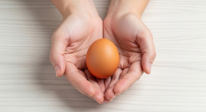 Hands gently holding a brown egg