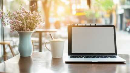 Fototapeta premium Everyday Window Side Session: Stylish Cafe Counter With Open Laptop And Planner Working Lap