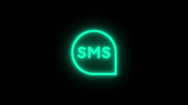 Neon glowing chat bubble icon with text sms inside on black background bright