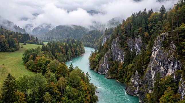 Majestic rocky cliffs rising above peaceful river in misty valley