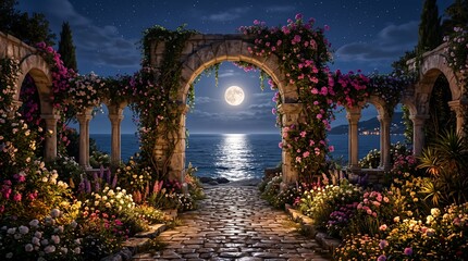 Fototapeta premium Romantic stone archway with blooming flowers facing ocean under moon