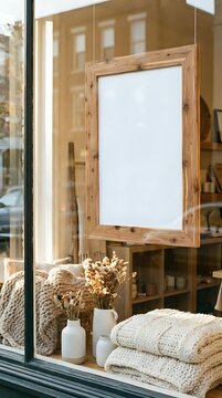 Rustic wooden frame with blank white space displayed in warm-toned