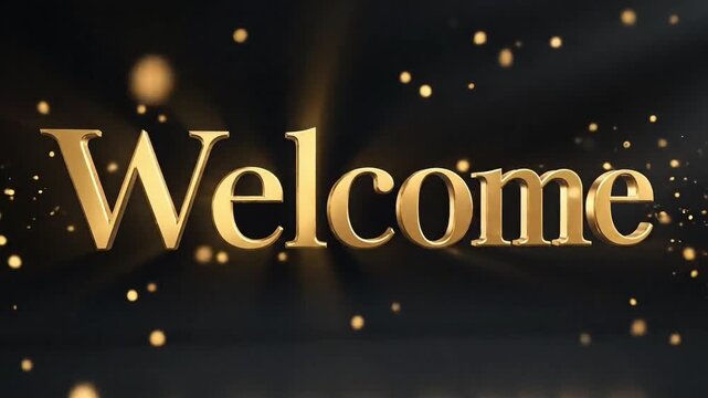 Welcome text in golden 3d typography featuring glowing light particles and elegant motion for luxury event corporate video animation style