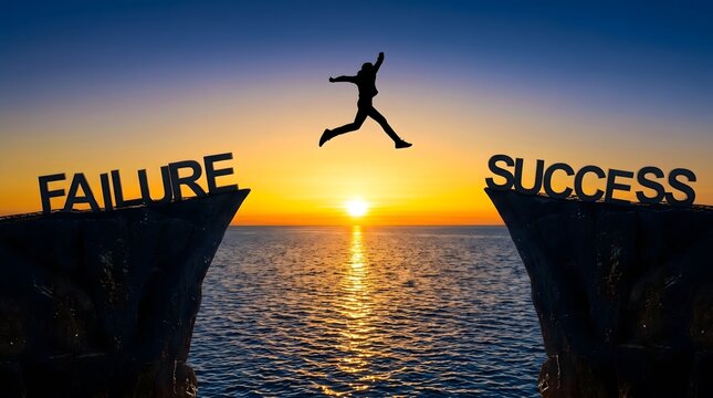 Silhouette of person jumping from failure cliff to success rock at sunset over sea with labeled rocks