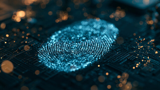 A glowing digital fingerprint rests on a dark computer circuit board with bokeh lights. This represents advanced biometric security and modern cybersecurity technology.