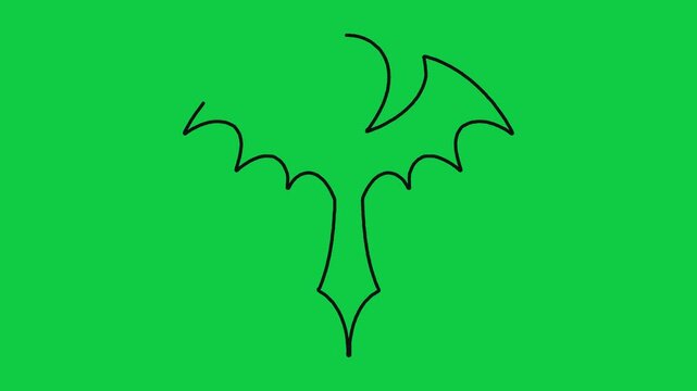 Bat wing line drawing animation with black symbol appearing on green screen background chromakey.