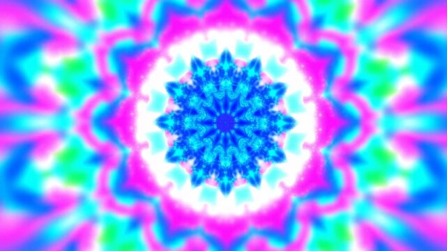 Kaleidoscopic neon mandala with pulsing luminous core, rotating concentric halo rings, mirrored starburst petals, and vivid cyan magenta green glow for abstract motion background